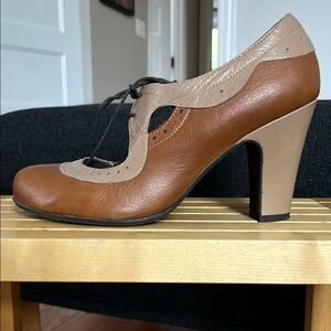 Miz Mooz Brown and Tan Heels with Vintage Oxford Design